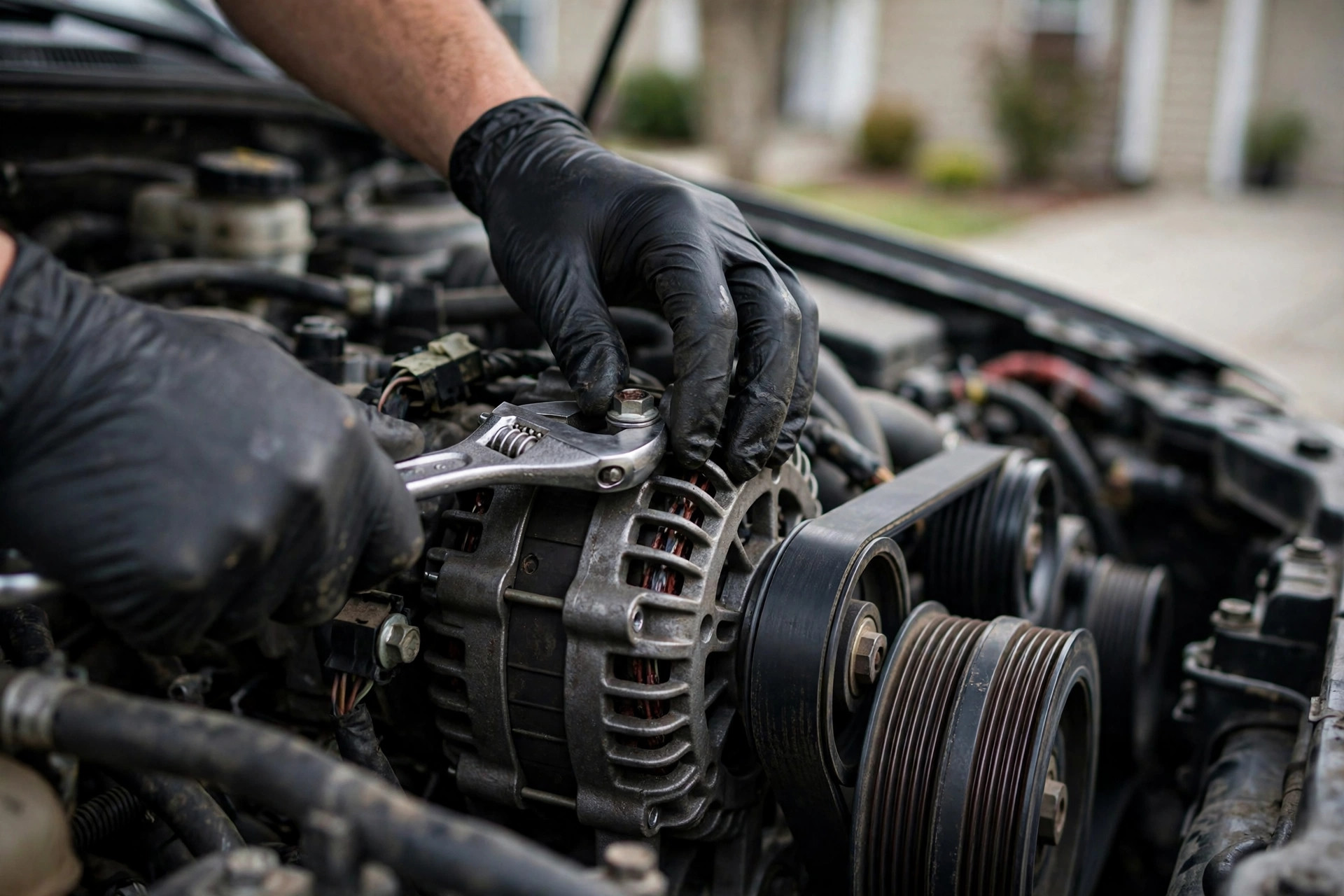 Mobile mechanic replacing a car alternator in a residential driveway