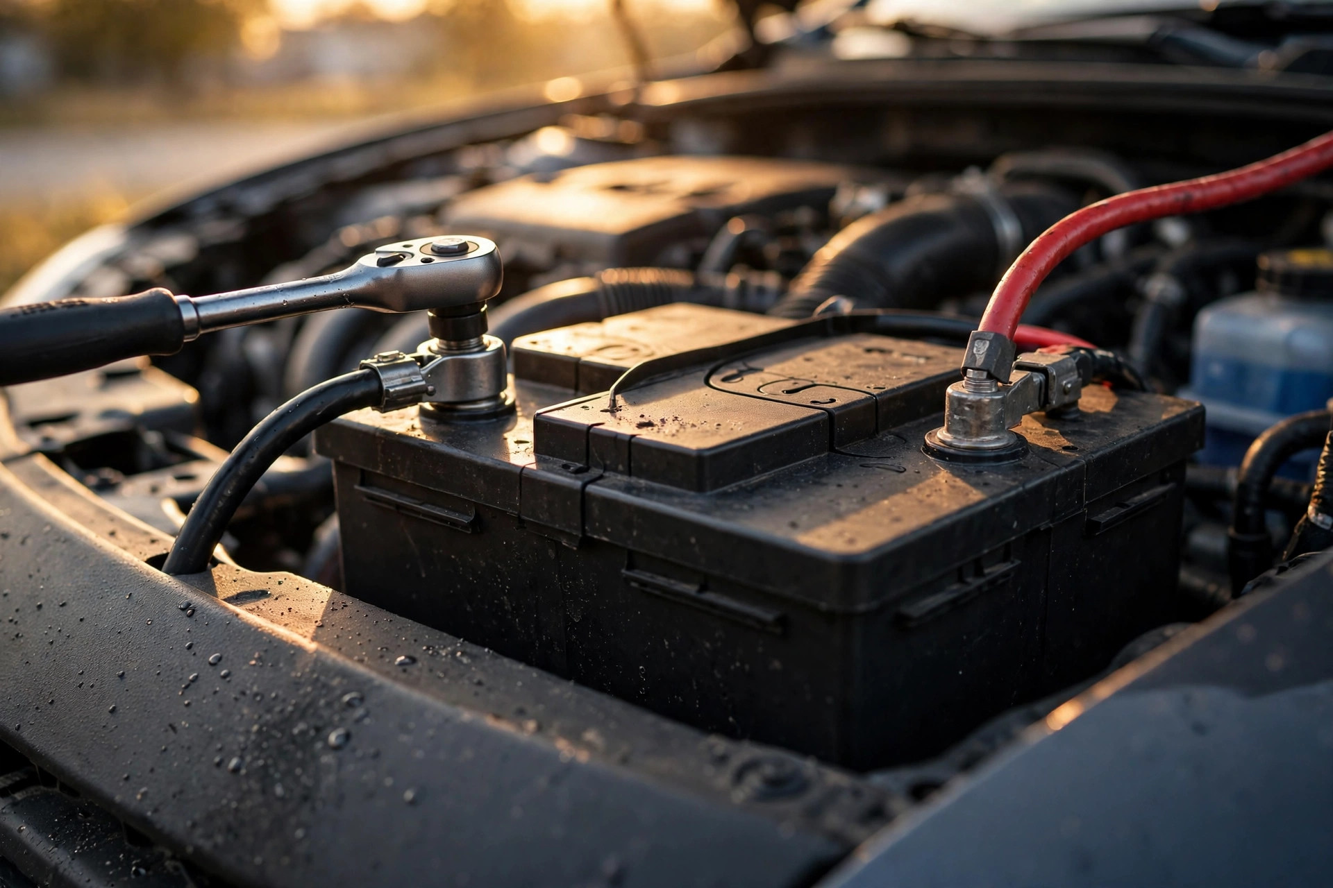 Car battery terminals being tightened with a wrench during a mobile battery replacement