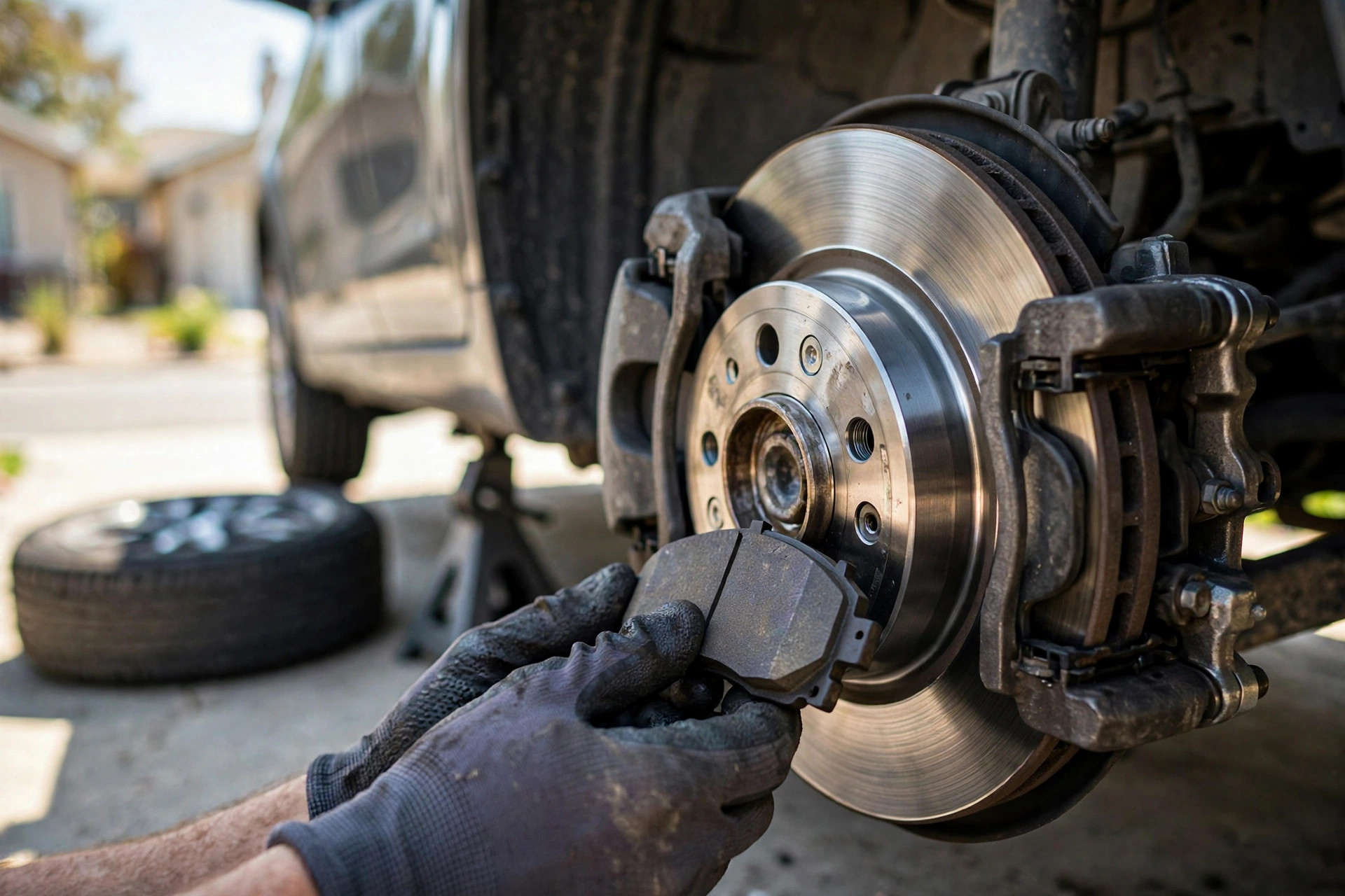 Mobile mechanic replacing brake pads on a brake rotor in a Davis County driveway