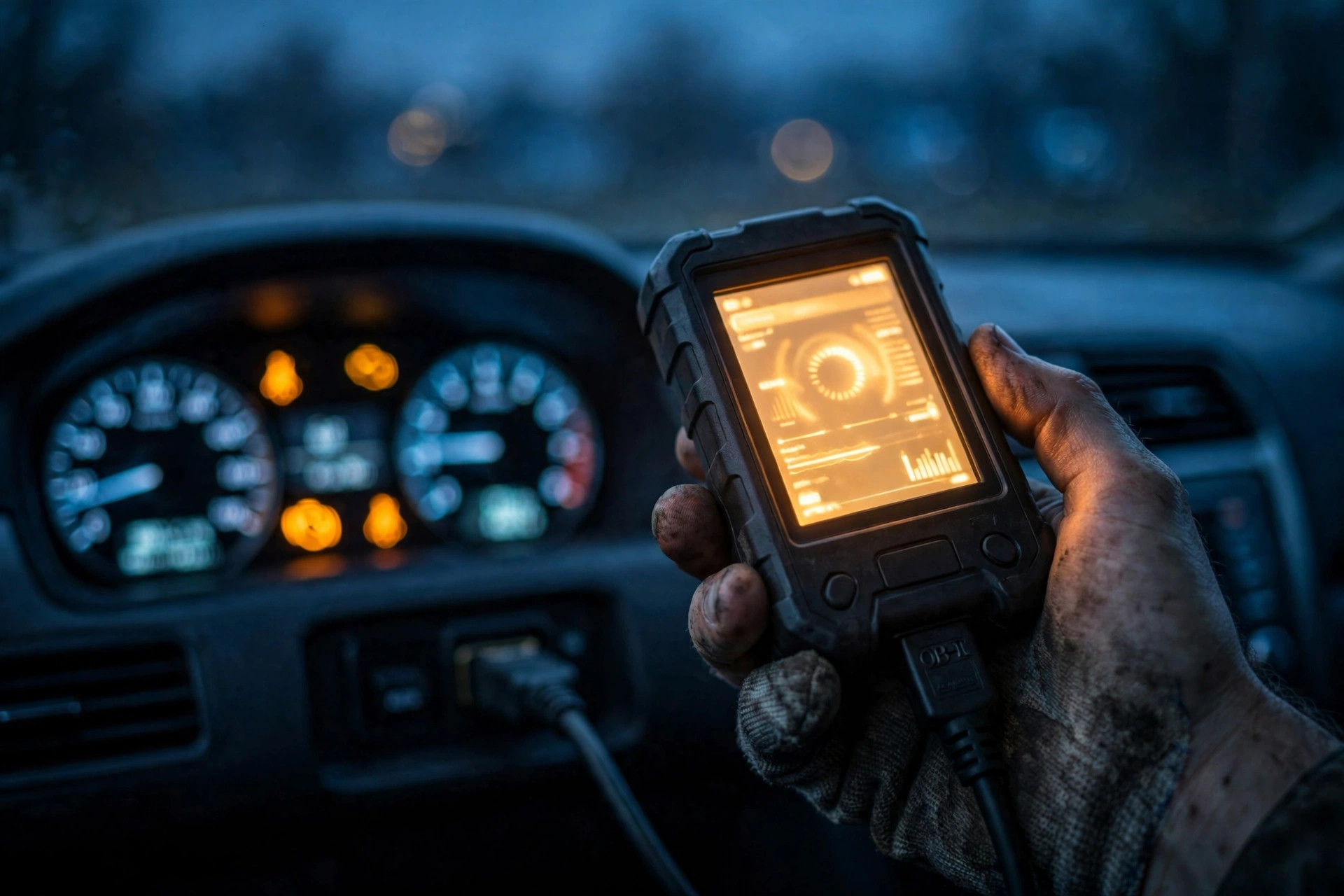 Mechanic holding a glowing diagnostic scan tool in front of a car dashboard with warning lights