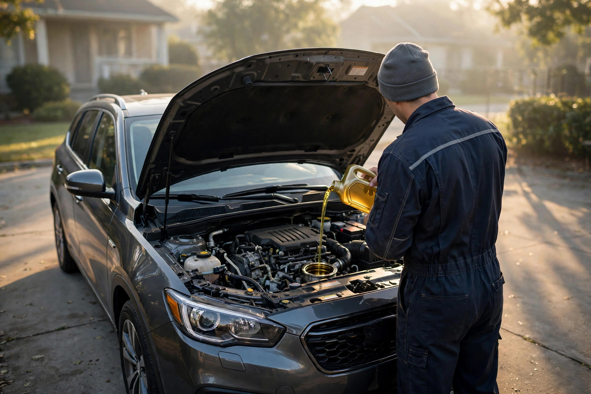 Mobile mechanic pouring fresh motor oil into a car engine in a Davis County driveway
