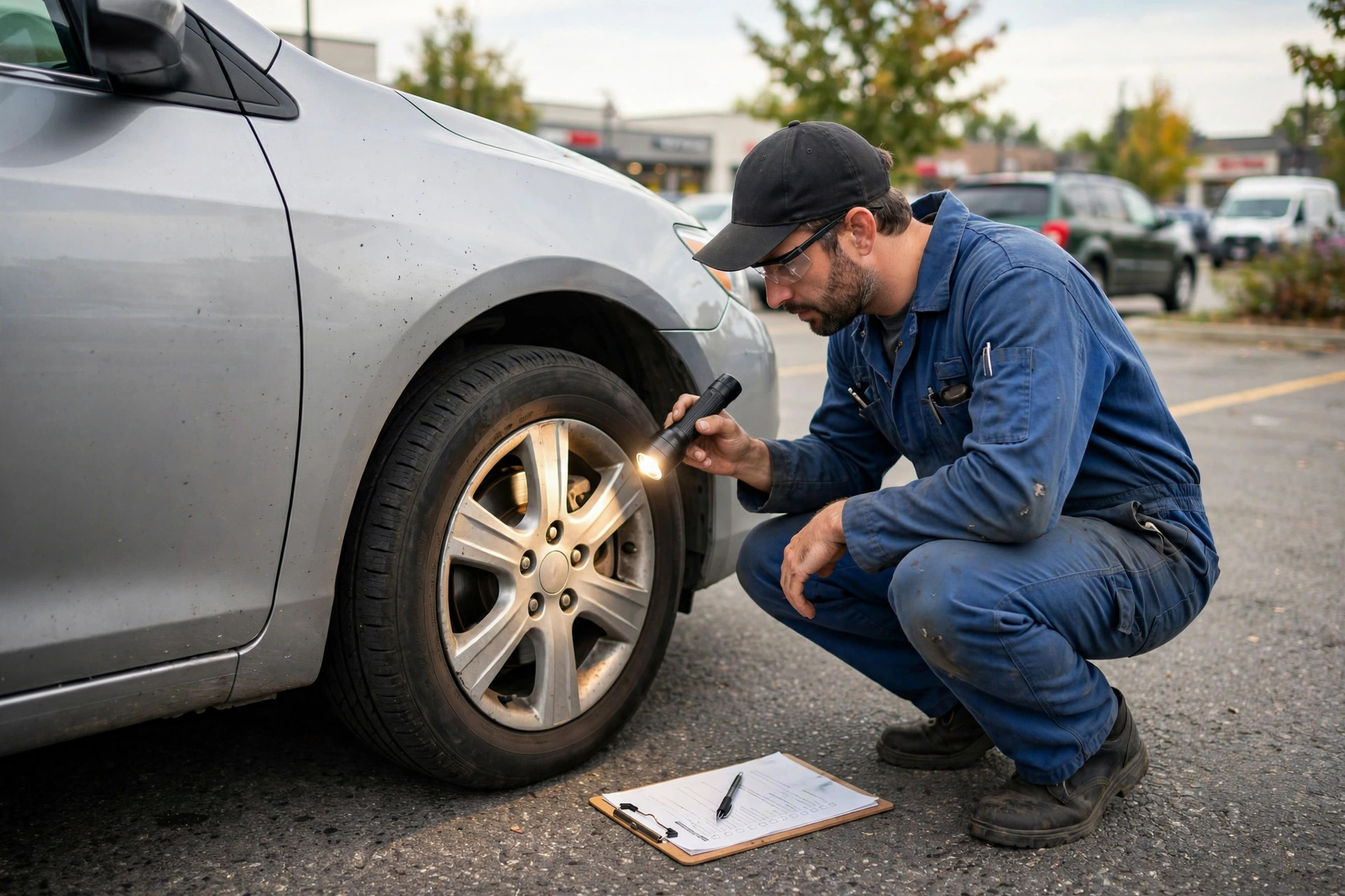 Mechanic inspecting a used car’s front wheel with a flashlight during a pre-purchase inspection