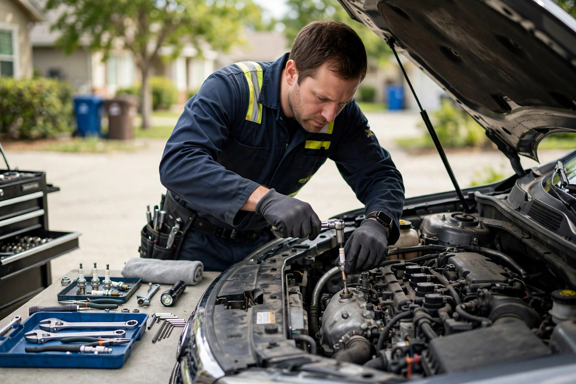 Mobile mechanic installing a spark plug during an engine tune-up in a driveway